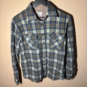 Vintage Sears Wool Blend Plaid Shirt Jacket Lined Flannel Blue Brown Medium